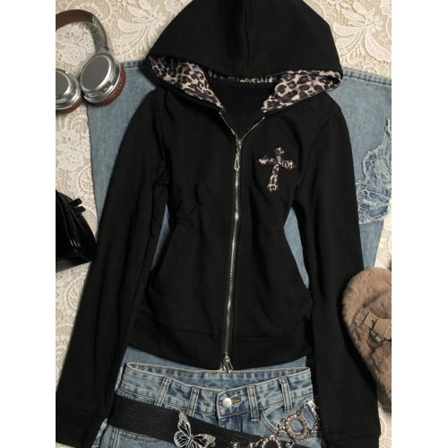 美式復古豹紋拼接拉鍊連帽衛衣開衫學院風百搭辣妹修身上衣外套潮 美式復古豹紋拼接拉鍊連帽衛衣開衫學院風百搭辣妹修身上衣外套潮