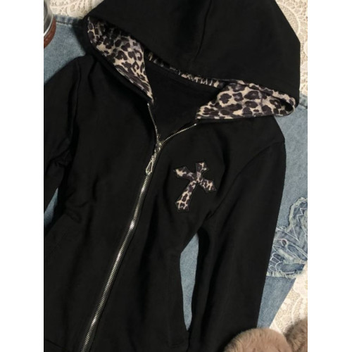 美式復古豹紋拼接拉鍊連帽衛衣開衫學院風百搭辣妹修身上衣外套潮 美式復古豹紋拼接拉鍊連帽衛衣開衫學院風百搭辣妹修身上衣外套潮