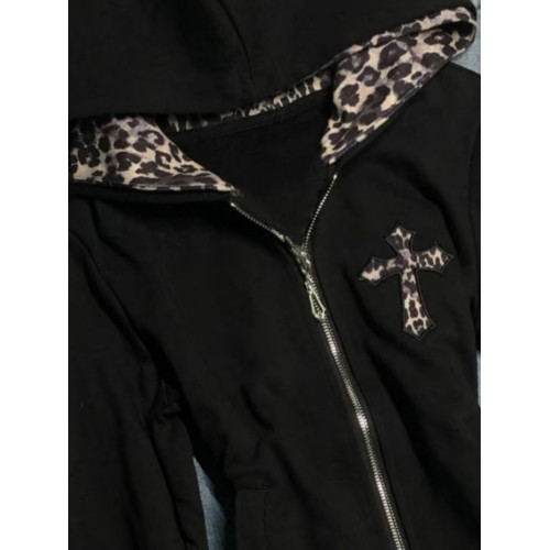 美式復古豹紋拼接拉鍊連帽衛衣開衫學院風百搭辣妹修身上衣外套潮 美式復古豹紋拼接拉鍊連帽衛衣開衫學院風百搭辣妹修身上衣外套潮