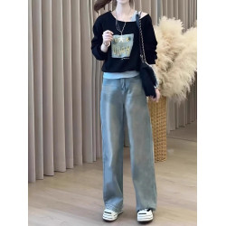 假兩件斜肩字母衛衣女秋季新款大碼胖mm黑色寬松顯瘦遮肉長袖上衣