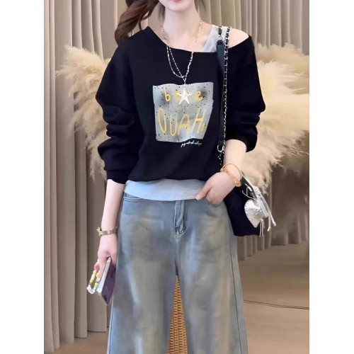 假兩件斜肩字母衛衣女秋季新款大碼胖mm黑色寬松顯瘦遮肉長袖上衣 假兩件斜肩字母衛衣女秋季新款大碼胖mm黑色寬松顯瘦遮肉長袖上衣