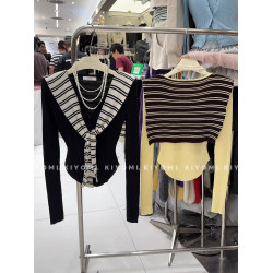 ~KIYOMI實拍秋冬韓版純欲辣妹撞色條紋披肩V領針織衫假兩件