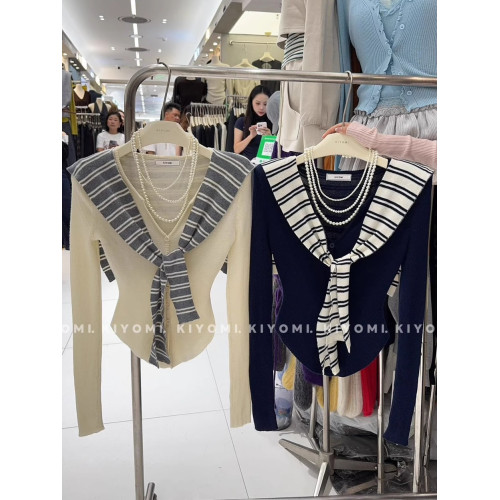 ~KIYOMI實拍秋冬韓版純欲辣妹撞色條紋披肩V領針織衫假兩件