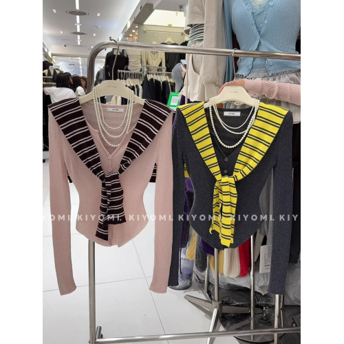 ~KIYOMI實拍秋冬韓版純欲辣妹撞色條紋披肩V領針織衫假兩件