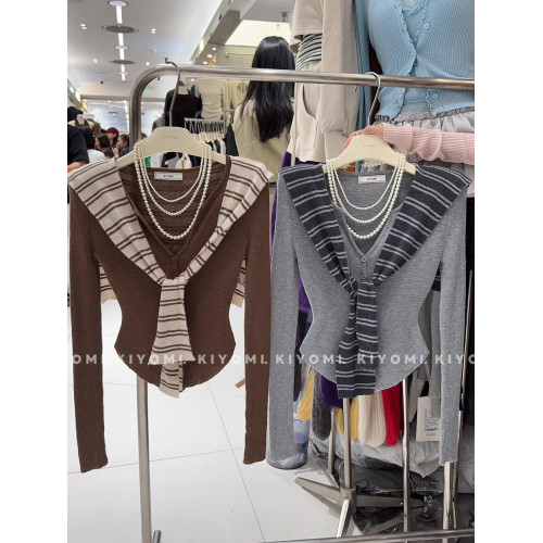 ~KIYOMI實拍秋冬韓版純欲辣妹撞色條紋披肩V領針織衫假兩件