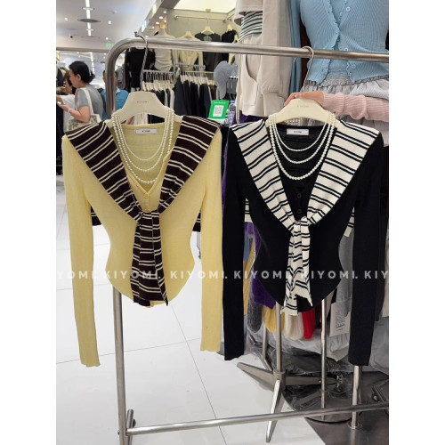 ~KIYOMI實拍秋冬韓版純欲辣妹撞色條紋披肩V領針織衫假兩件