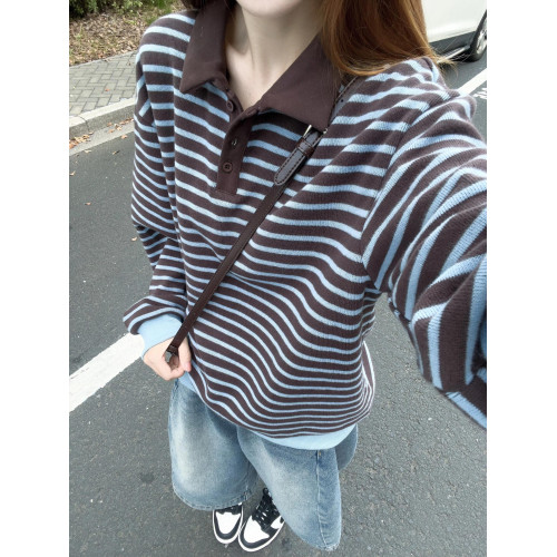韓系學院風翻領條紋衛衣女秋季復古百搭撞色寬松休閒長袖毛衣上衣 韓系學院風翻領條紋衛衣女秋季復古百搭撞色寬松休閒長袖毛衣上衣