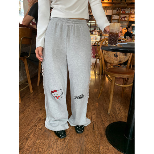 落落狷介褲子寬松bf慵懶風灰色刺綉蕾絲衛褲女2025早秋新款松緊腰