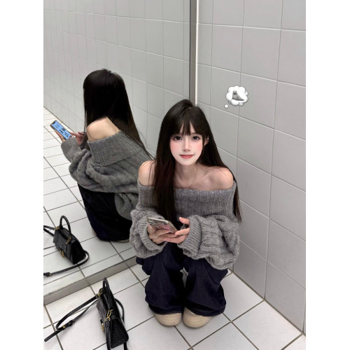 韓系秋冬灰色露肩毛衣上衣一字肩寬松顯瘦高級感麻花慵懶風針織衫