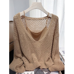 咖色薄紗鏤空針織罩衫女早秋美拉德毛衣漂亮巨好看上衣吊帶兩件套