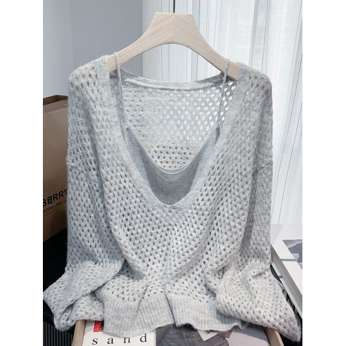 咖色薄紗鏤空針織罩衫女早秋美拉德毛衣漂亮巨好看上衣吊帶兩件套