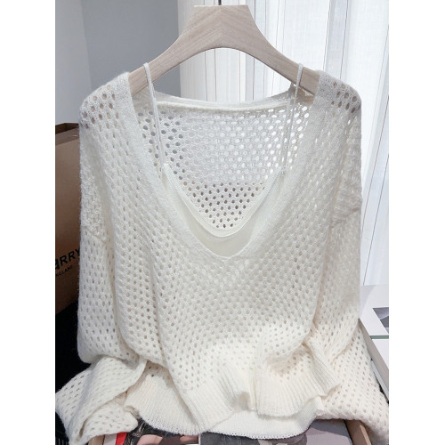 咖色薄紗鏤空針織罩衫女早秋美拉德毛衣漂亮巨好看上衣吊帶兩件套