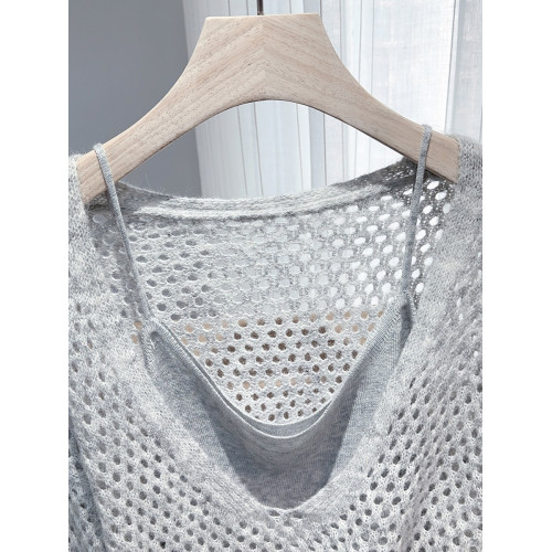 咖色薄紗鏤空針織罩衫女早秋美拉德毛衣漂亮巨好看上衣吊帶兩件套