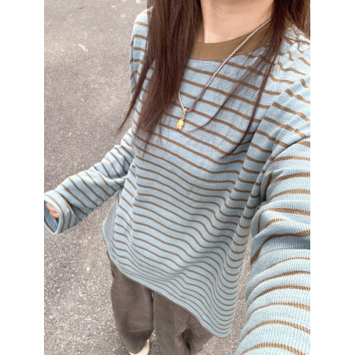 慵懶風針織衫女2025新款寬松韓系早秋季穿搭條紋薄款長袖t恤上衣