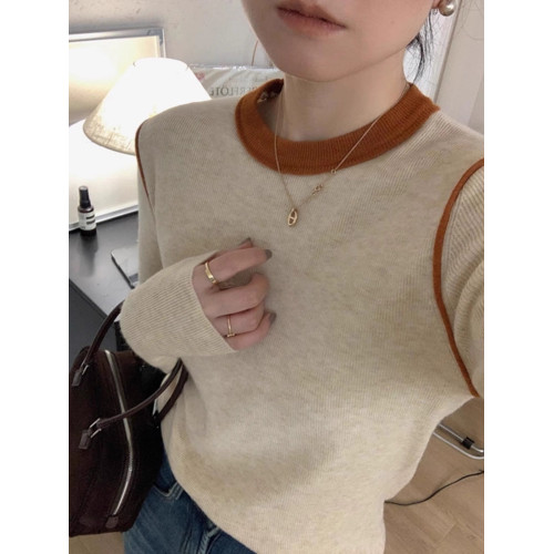 2025春季撞色圓領針織上衣女修身設計感內搭毛衣時髦百搭打底小衫