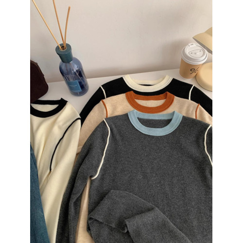 2025春季撞色圓領針織上衣女修身設計感內搭毛衣時髦百搭打底小衫