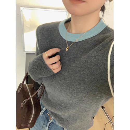 2025春季撞色圓領針織上衣女修身設計感內搭毛衣時髦百搭打底小衫