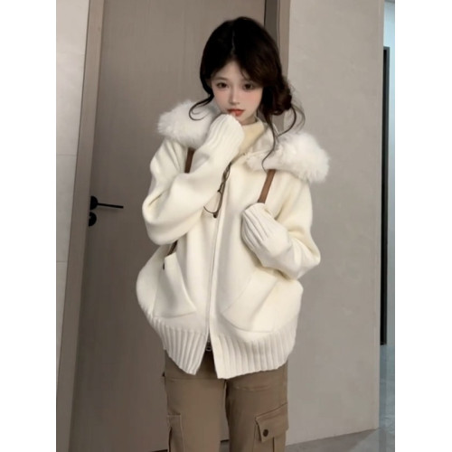 早秋韓系白色連帽衛衣毛衣外套女秋季2025新款慵嬾風針織開衫上衣