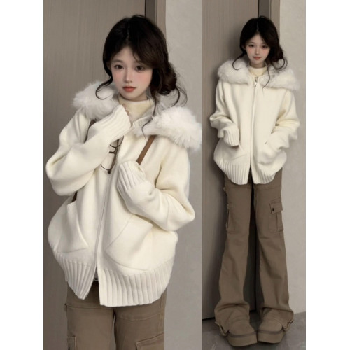 早秋韓系白色連帽衛衣毛衣外套女秋季2025新款慵嬾風針織開衫上衣