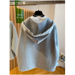 大碼300斤韓系設計感V領連帽假兩件衛衣女春秋款寬松遮肚顯瘦上衣