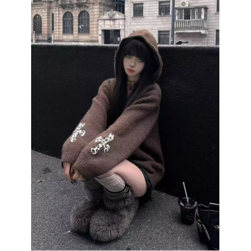 美式復古連帽毛衣女秋冬十字架雙拉鍊針織衫寬松長袖美拉德外套潮