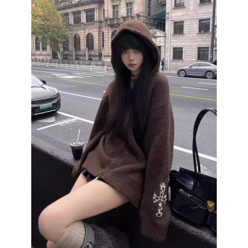 美式復古連帽毛衣女秋冬十字架雙拉鍊針織衫寬松長袖美拉德外套潮