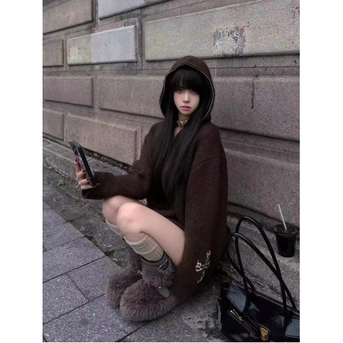 美式復古連帽毛衣女秋冬十字架雙拉鍊針織衫寬松長袖美拉德外套潮