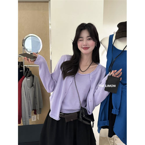 THE LIMON檸檬綠茶2025冬季韓系簡約設計感吊帶背心+針織開衫套裝