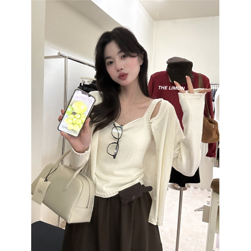 THE LIMON檸檬綠茶2025冬季韓系簡約設計感吊帶背心+針織開衫套裝