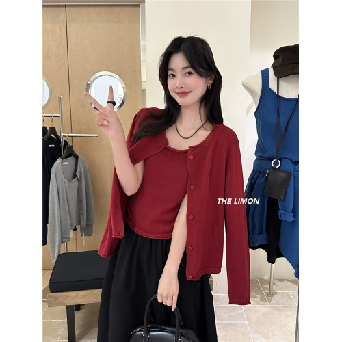 THE LIMON檸檬綠茶2025冬季韓系簡約設計感吊帶背心+針織開衫套裝