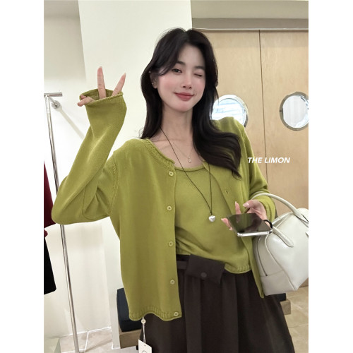 THE LIMON檸檬綠茶2025冬季韓系簡約設計感吊帶背心+針織開衫套裝