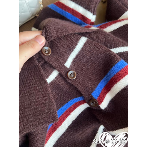 韓系復古設計感條紋撞色長袖毛衣女秋冬休閒百搭polo領針織衫上衣