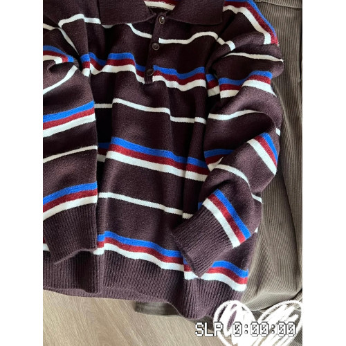 韓系復古設計感條紋撞色長袖毛衣女秋冬休閒百搭polo領針織衫上衣