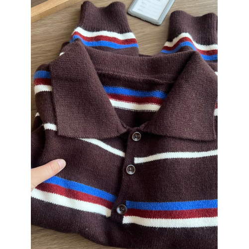 韓系復古設計感條紋撞色長袖毛衣女秋冬休閒百搭polo領針織衫上衣