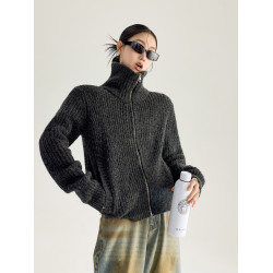 ICH MODE 美式復古高領毛針織開衫女春秋季寬松慵懶純色毛衣外套