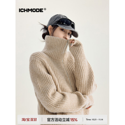 ICH MODE 美式復古高領毛針織開衫女春秋季寬松慵懶純色毛衣外套