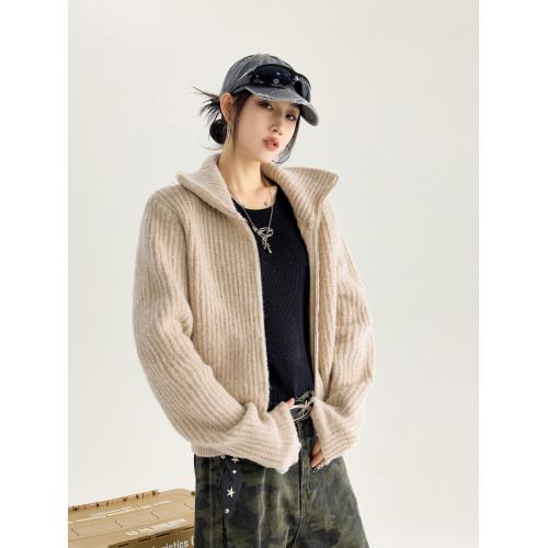 ICH MODE 美式復古高領毛針織開衫女春秋季寬松慵懶純色毛衣外套