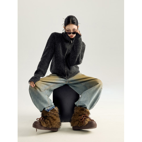 ICH MODE 美式復古高領毛針織開衫女春秋季寬松慵懶純色毛衣外套