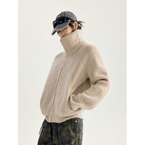 ICH MODE 美式復古高領毛針織開衫女春秋季寬松慵懶純色毛衣外套