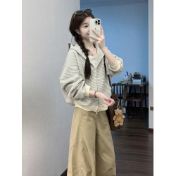 韓系慵懶風條紋拉鍊連帽衛衣外套女2025新款秋冬百搭顯瘦開衫上衣