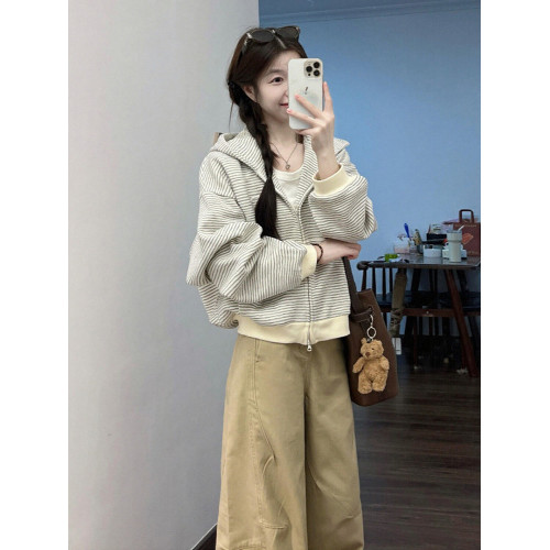 韓系慵懶風條紋拉鍊連帽衛衣外套女2025新款秋冬百搭顯瘦開衫上衣 韓系慵懶風條紋拉鍊連帽衛衣外套女2025新款秋冬百搭顯瘦開衫上衣