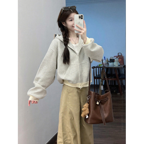 韓系慵懶風條紋拉鍊連帽衛衣外套女2025新款秋冬百搭顯瘦開衫上衣 韓系慵懶風條紋拉鍊連帽衛衣外套女2025新款秋冬百搭顯瘦開衫上衣