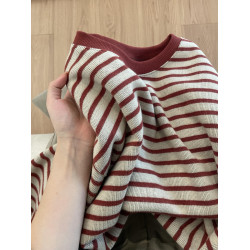 韓系設計感拼接紅灰色條紋圓領衛衣女秋冬寬松軟糯加厚長袖上衣