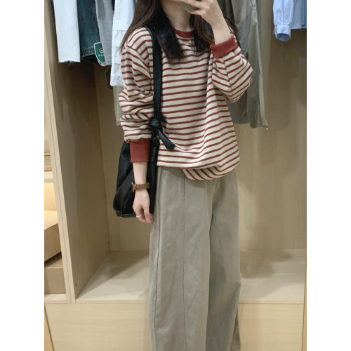 韓系設計感拼接紅灰色條紋圓領衛衣女秋冬寬松軟糯加厚長袖上衣 韓系設計感拼接紅灰色條紋圓領衛衣女秋冬寬松軟糯加厚長袖上衣