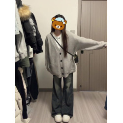 韓系早秋季氛圍感穿搭v領口袋針織開衫毛衣女慵懶學院風外套上衣