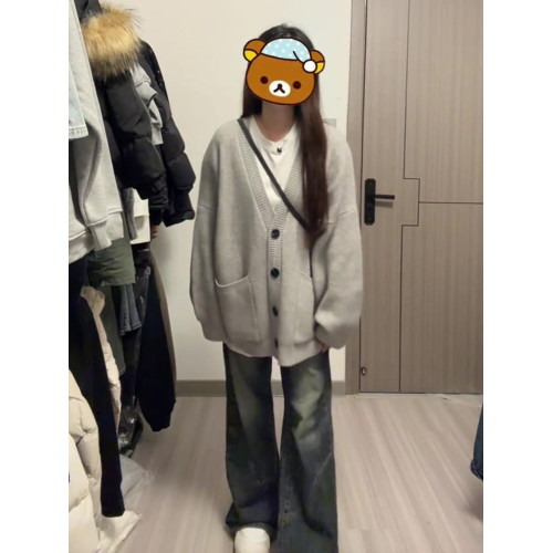 韓系早秋季氛圍感穿搭v領口袋針織開衫毛衣女慵懶學院風外套上衣