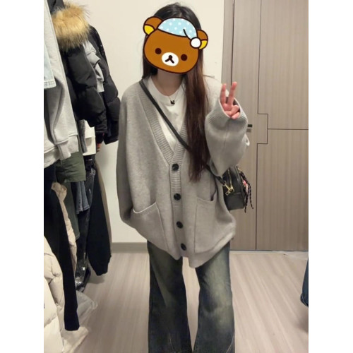 韓系早秋季氛圍感穿搭v領口袋針織開衫毛衣女慵懶學院風外套上衣