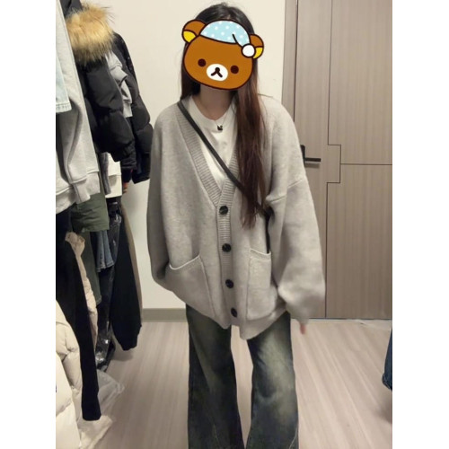 韓系早秋季氛圍感穿搭v領口袋針織開衫毛衣女慵懶學院風外套上衣