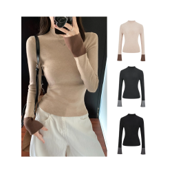 小衆別致撞色半高領內搭長袖針織衫女冬季百搭修身顯瘦打底衫上衣