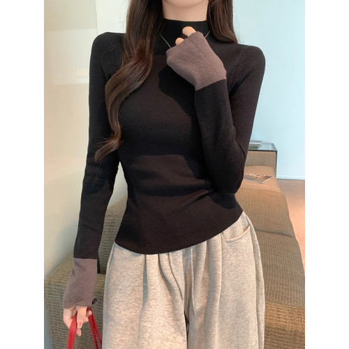 小衆別致撞色半高領內搭長袖針織衫女冬季百搭修身顯瘦打底衫上衣